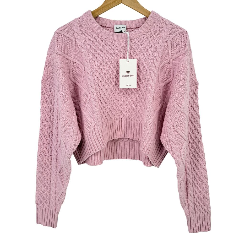 Aritzia Sunday Best Cable Knit Cropped Sweater Womens Sz Small Pink Wool Blend
